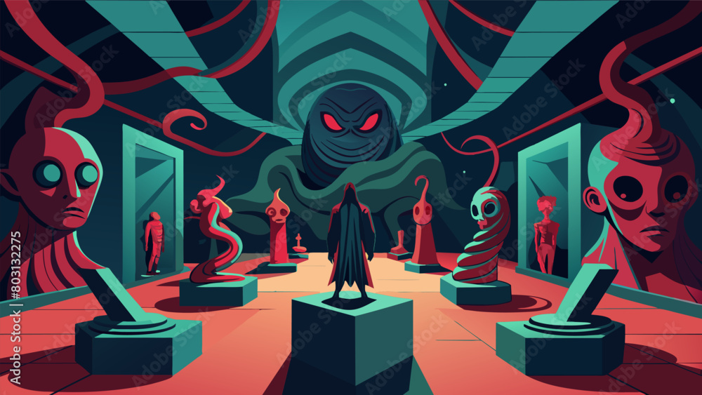 Aufkleber the chamber is filled with unsettling artwork and sculptures depicting twisted and distorted figures