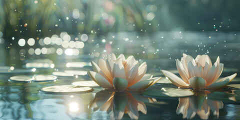 Lotus Blooms Radiating in Sparkling Pond Bokeh