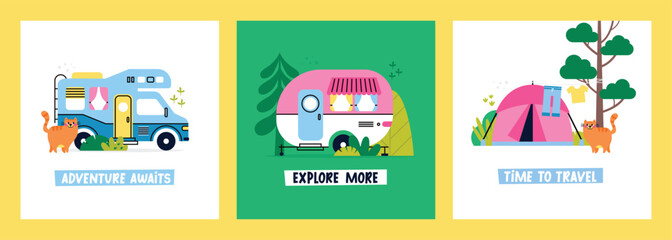Set of vector flat camping greeting cards. Colorful cartoon campers RV. Road home Trailers and tents. Camping caravan cars with cat, plants, trees. Mobile home for country and nature vacation.