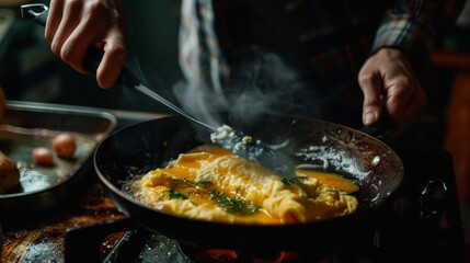 Chef preparing delicious omelette in a frying pan, sprinkling cheese