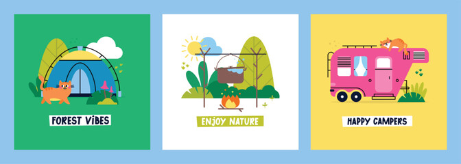 Set of vector flat camping greeting cards. Colorful cartoon campers RV. Road home Trailers and tents, bonfire, pot, food, sun, cloud, trees and plants. Camping caravan cars