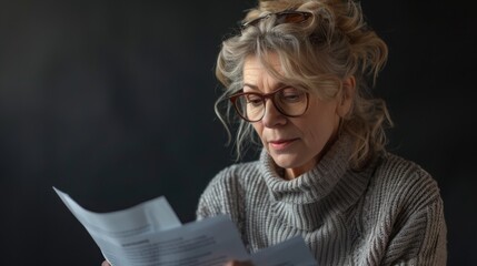 Woman Reading Documents Intently