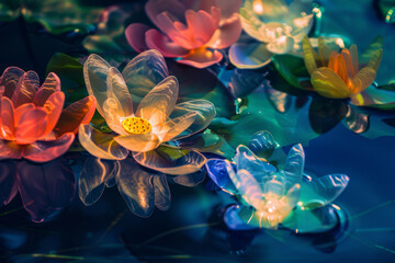 A group of colorful plastic flowers floating in a pond