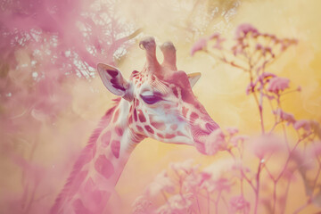 Dreamlike Giraffe Amongst Fantasy Pink Blossoms