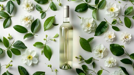 White wine bottle surrounded in the style of jasmine flowers and green leaves on white background flat lay top view copy space