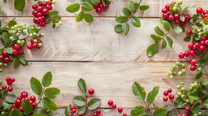 Vibrant berry twigs with red and green fruits spread on a wooden background, ideal for seasonal designs.