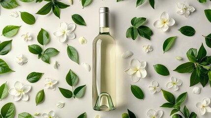 White wine bottle surrounded in the style of jasmine flowers and green leaves on white background...