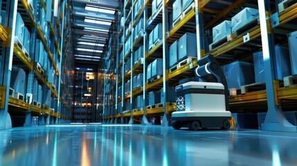 A robot picker retrieving items from a high-density storage system, with AI algorithms optimizing the retrieval process.