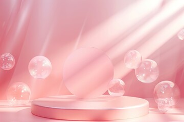 Cylinder empty podiums and floating soap bubbles on pastel pink background. Transparent round blank pedestal place for cosmetics product display. Platform. Scene with geometrical forms glass balls