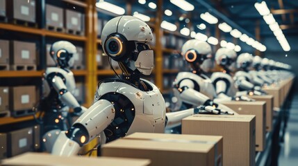 Fototapeta premium A team of collaborative robots working together to pack orders, with an AI system coordinating their movements.