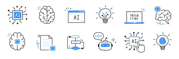Artificial ai brain icon. Ai machine digital robot hand drawn doodle line icon. Artificial brain algorithm machine science concept. Hand drawn sketch style cute blue line. Vector illustration