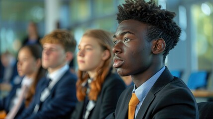 Attentive students listen intently during a captivating business presentation