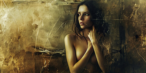 Naked woman hidden in urban, graphically chaotic background