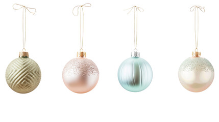 set of classical decorated christmas baubles isolated on transparent background, gold and pastel hues color scheme. Set of beautiful Christmas decoration. Christmas elements, design for Christmas card