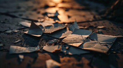 Sunset light casting shadows over torn pieces of paper on a gritty surface