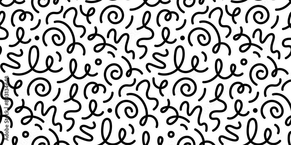 Poster Kid line abstract shape seamless pattern. Abstract cute children party squiggle background design. Fun kid marker line seamless pattern. Cute abstract children background. Vector illustration.