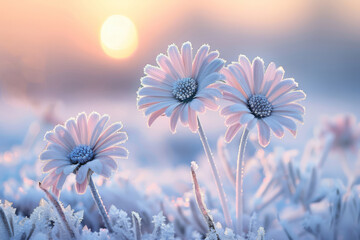 A close up of three white flowers in a field of snow - Powered by Adobe