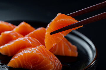 Exquisite Sashimi Delight, Chopsticks Holding a Slice of Salmon