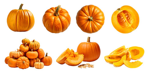 Pumpkin fruit vegetable, many angles and view side top front cluster group slice cut isolated on transparent background cutout, PNG file. Mockup template for artwork graphic design