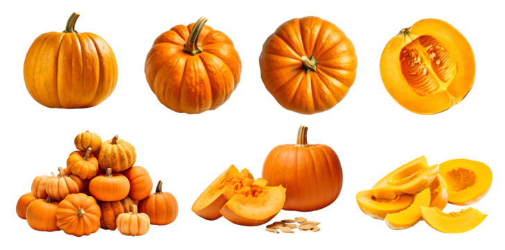 Pumpkin fruit vegetable, many angles and view side top front cluster group slice cut isolated on transparent background cutout, PNG file. Mockup template for artwork graphic design