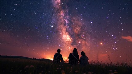 Friends stargaze from a secluded meadow, Milky Way galaxy visible above