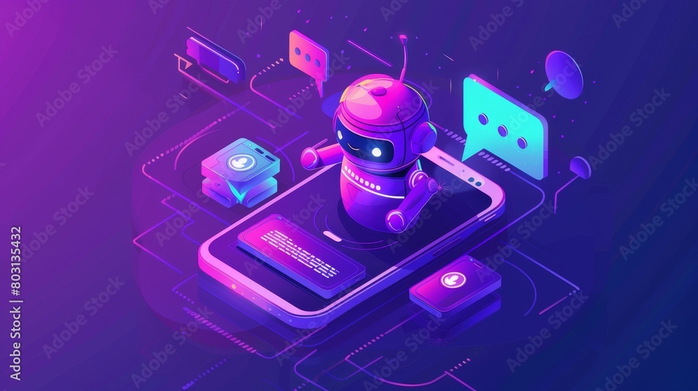 Poster an isometric modern illustration of chatbot technology on an ultraviolet background. lines of text, 