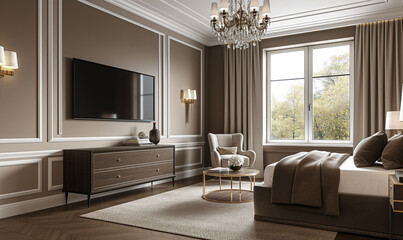 3d rendering, Modern interior design of a bedroom in brown color, with a TV on the wall and a bed....