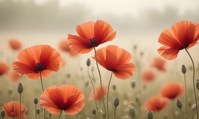 Red Poppies in Field with Soft Hazy Background
