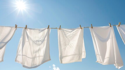 A drying rack covered with fresh white cloth and fresh white linen hung on clothespins outside against a blue sky. low angle photography