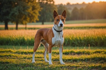 full body of Basenji dog on blurred countryside background, copy space