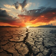 Arid desert landscape with cracked earth at sunset