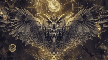 Intricate cosmic owl illustration inspired by ancient mythology, featuring detailed patterns and a mystical moon