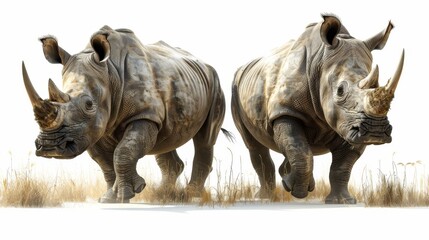 Obraz premium Two rhinos are walking in the grass