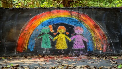 Colorful chalk drawing: four people holding hands under a rainbow, happy, International Children's Day

