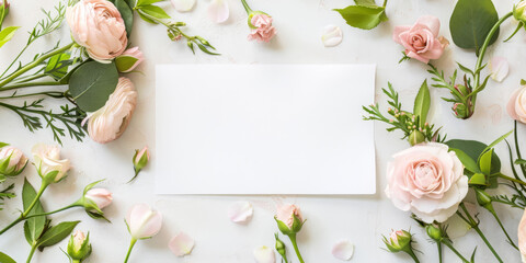 Blank Card with Pink Roses and Petals on a Light Background