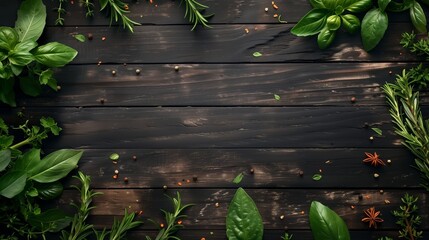 Dark wooden background scattered with various fresh herbs and spices, providing ample copy space.