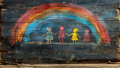 Colorful chalk drawing: four people holding hands under a rainbow, happy, International Children's...