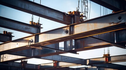 Closeup of steel beams and structural components being hoisted by a crane at a commercial building site
