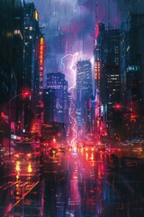 City skyline with skyscrapers under a purple night sky during a lightning storm