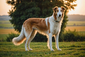 full body of Borzoi dog on blurred countryside background, copy space