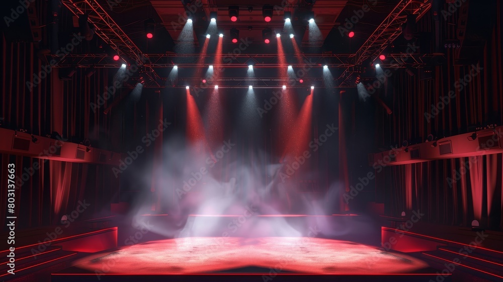 Wall mural Empty stage space with spotlights, smoke effect, studio theater interior, ideal for an award ceremony, product presentation, or fashion show. - Wall murals