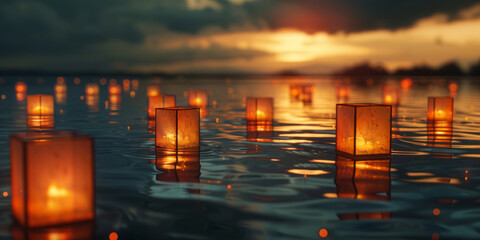 Floating Lanterns on Water at Sunset  A Serene Memorial