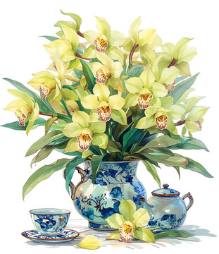 Cymbidium tracyanum, tall spikes of lime green flowers, elegant watercolor, traditional tea room, watercolor, isolate.