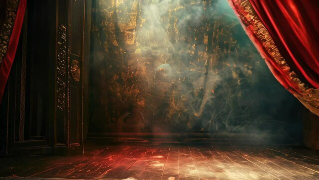 Red velvet stage curtains parting to reveal dramatic, empty wooden with atmospheric lighting and smoke