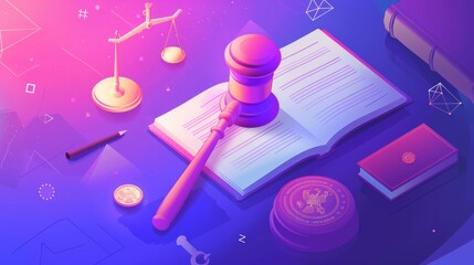 Law and justice isometric landing page. Gavel, constitution book, stamp, coins, and pen sitting on table. Punishment for crime, legal judgement, legislation 3D modern line art web banner.