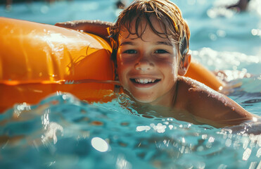 a happy little boy swimming on an inflatable in the sea