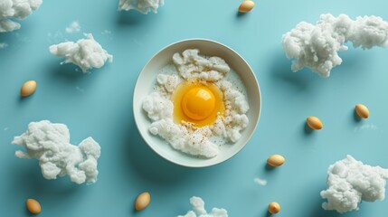 Creative representation of cracked eggshell as a bowl with yolk and cotton clouds on blue background