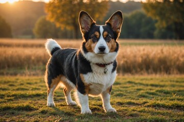 full body of Cardigan Welsh Corgi dog on blurred countryside background, copy space