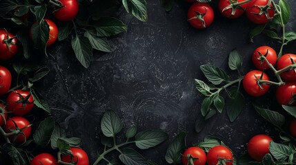 Fresh ripe tomatoes with leaves on a dark textured background, ideal for food banners.