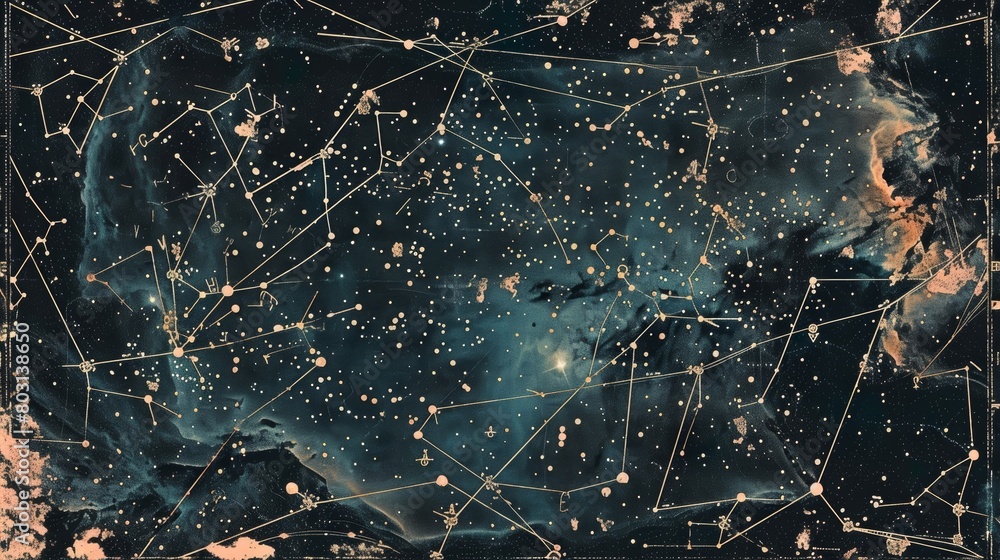 Poster a mix of science and art with a detailed star chart overlaid with illustrations of the corresponding